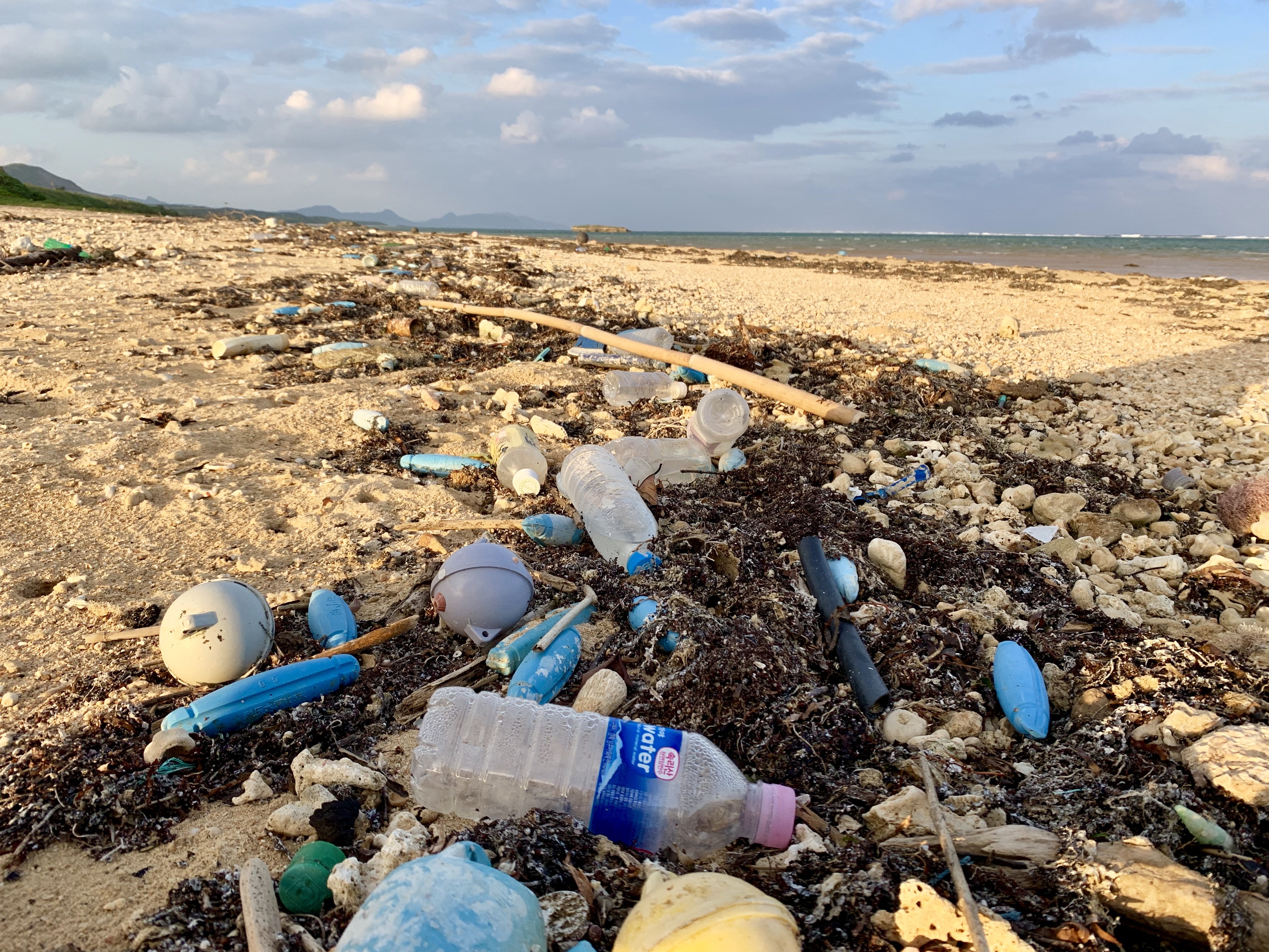 石垣島の海岸に漂着・堆積したペットボトルなどの海洋プラスチックごみ